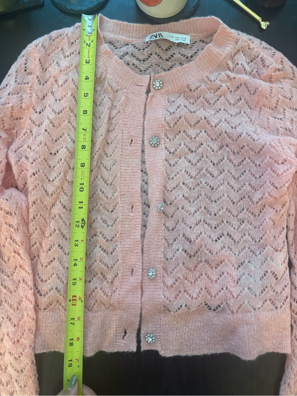 Zara Blush Pink Openwork Knit Cardigan with Rhinestone Buttons